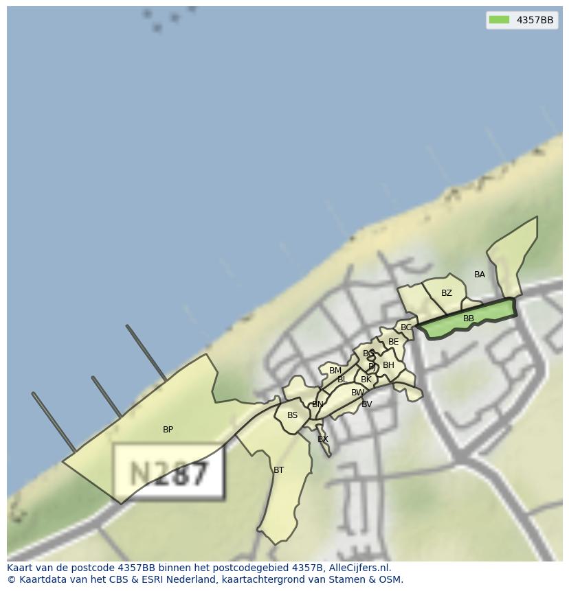 Afbeelding van het postcodegebied 4357 BB op de kaart.
