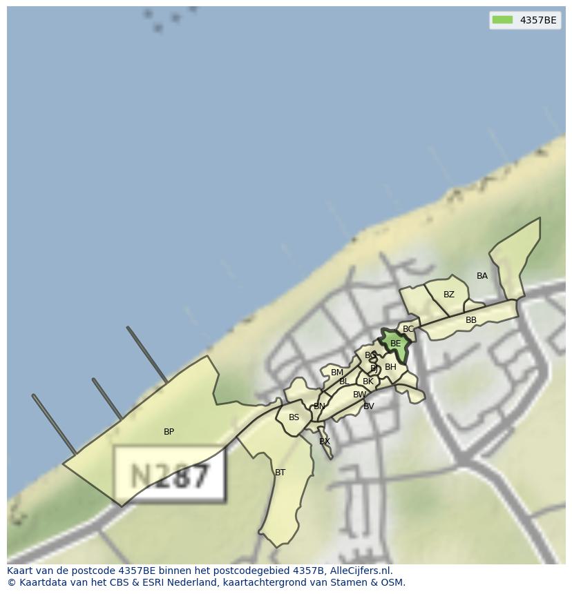 Afbeelding van het postcodegebied 4357 BE op de kaart.