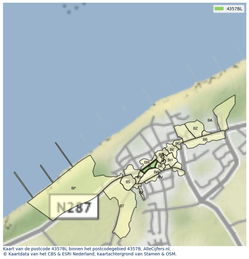 Afbeelding van het postcodegebied 4357 BL op de kaart.