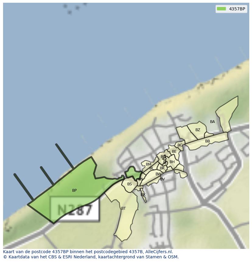 Afbeelding van het postcodegebied 4357 BP op de kaart.