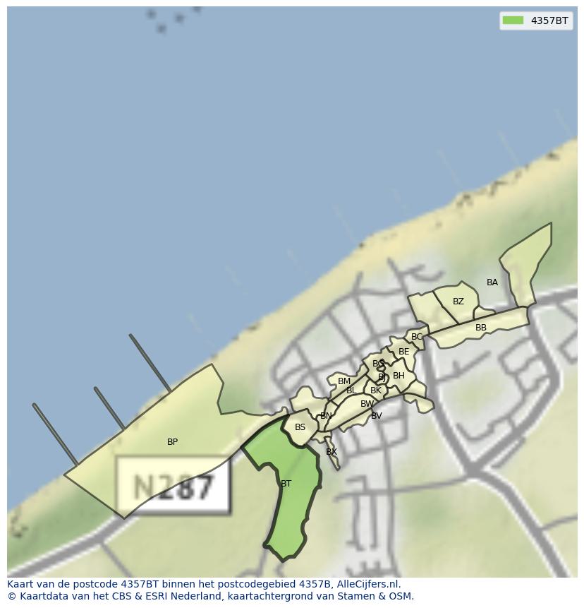 Afbeelding van het postcodegebied 4357 BT op de kaart.