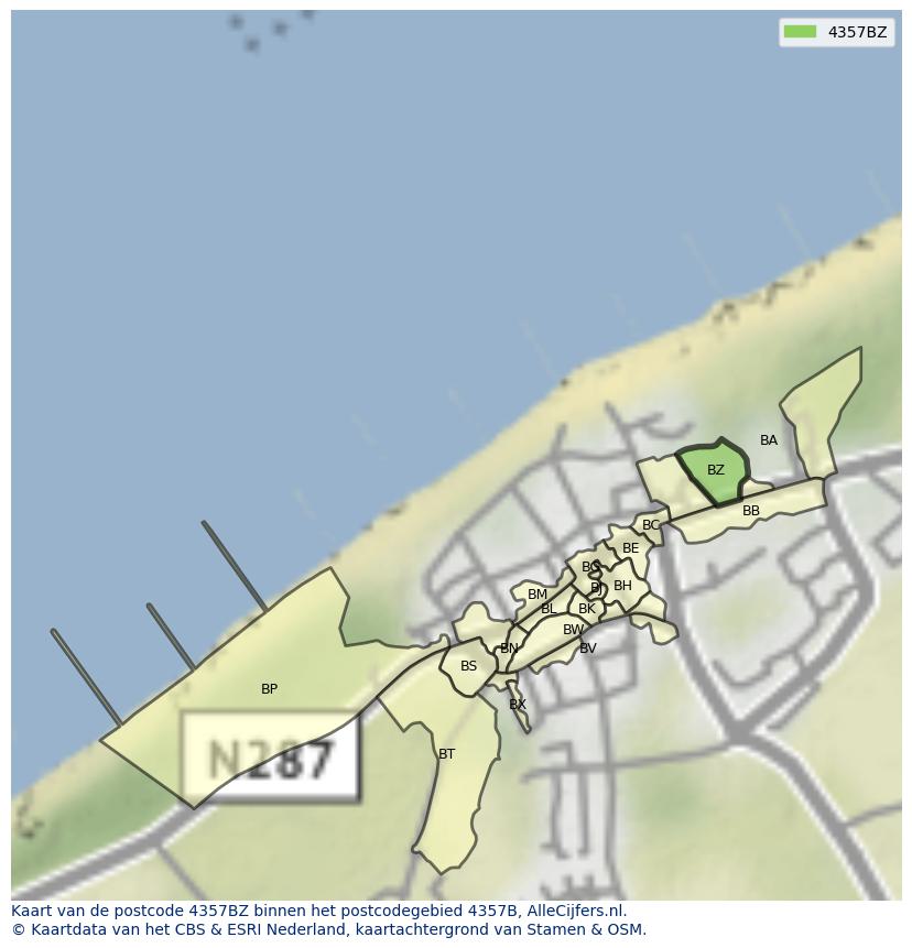 Afbeelding van het postcodegebied 4357 BZ op de kaart.