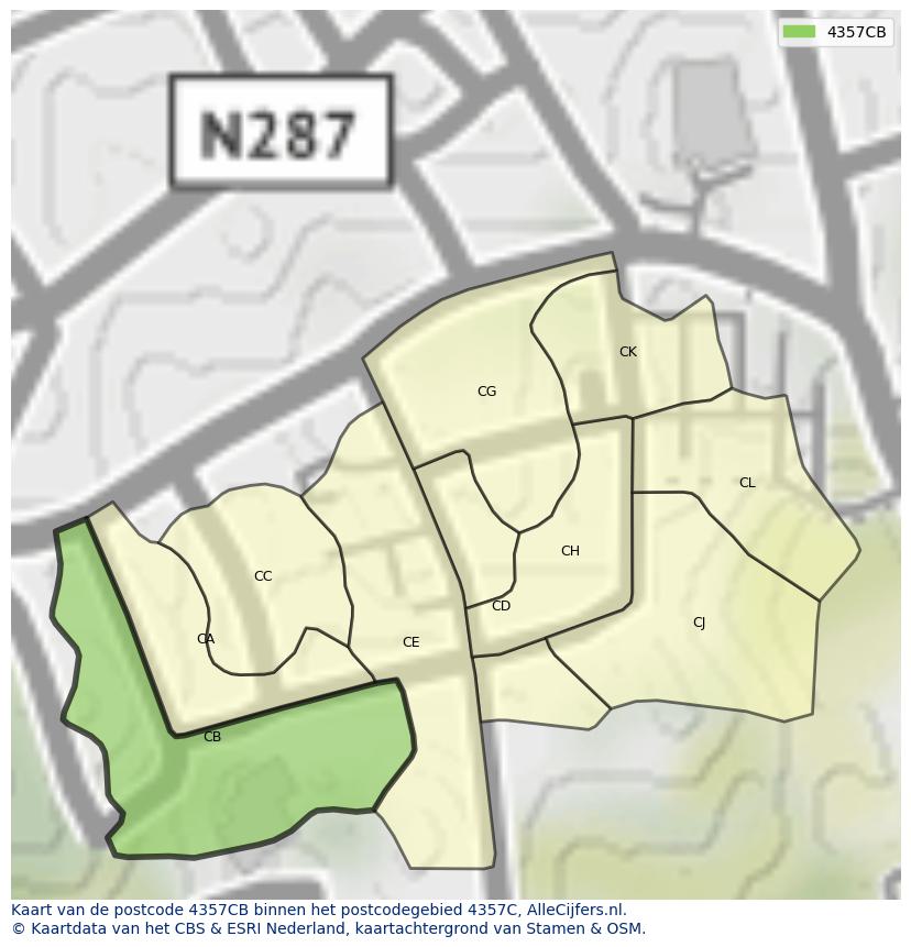 Afbeelding van het postcodegebied 4357 CB op de kaart.