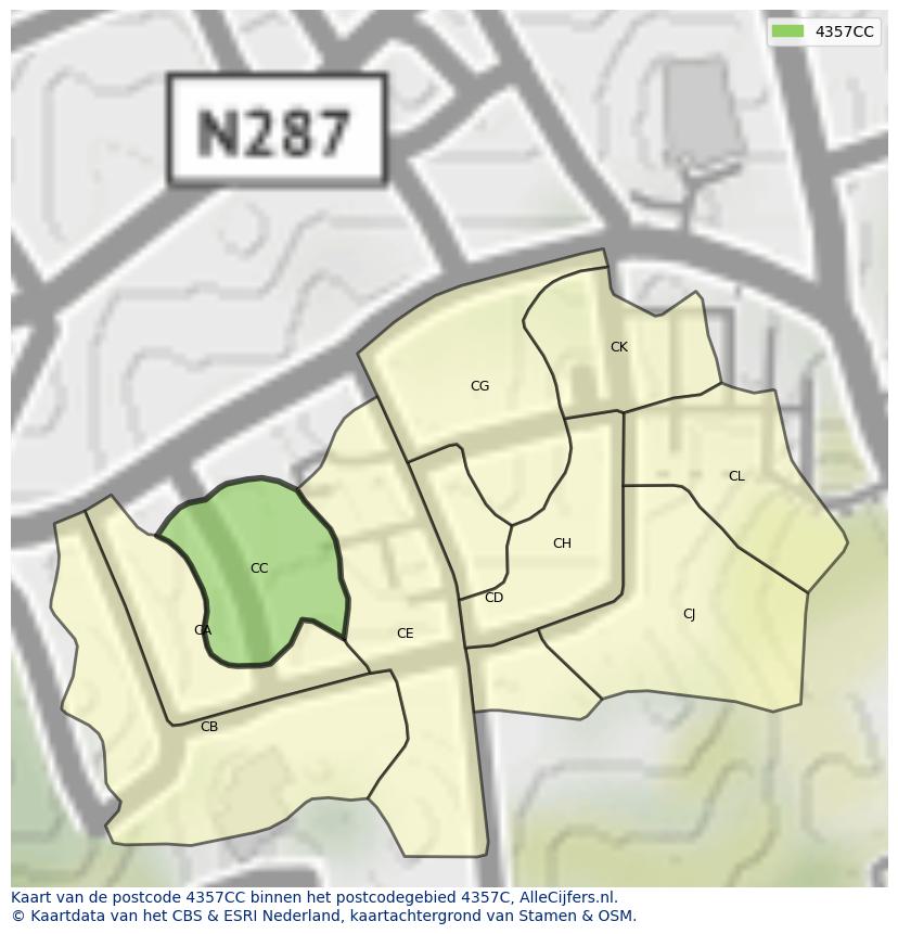 Afbeelding van het postcodegebied 4357 CC op de kaart.