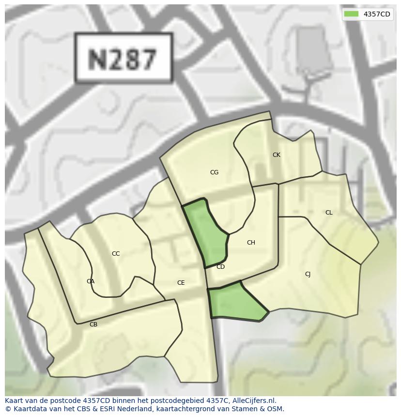 Afbeelding van het postcodegebied 4357 CD op de kaart.