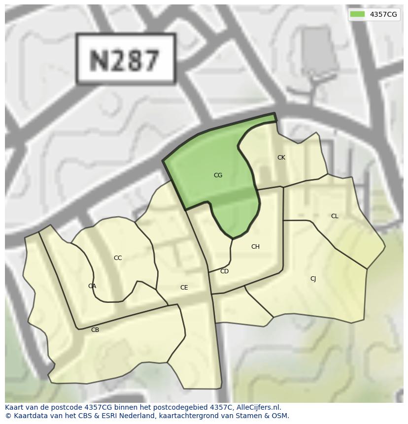Afbeelding van het postcodegebied 4357 CG op de kaart.