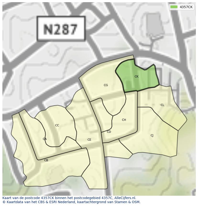 Afbeelding van het postcodegebied 4357 CK op de kaart.