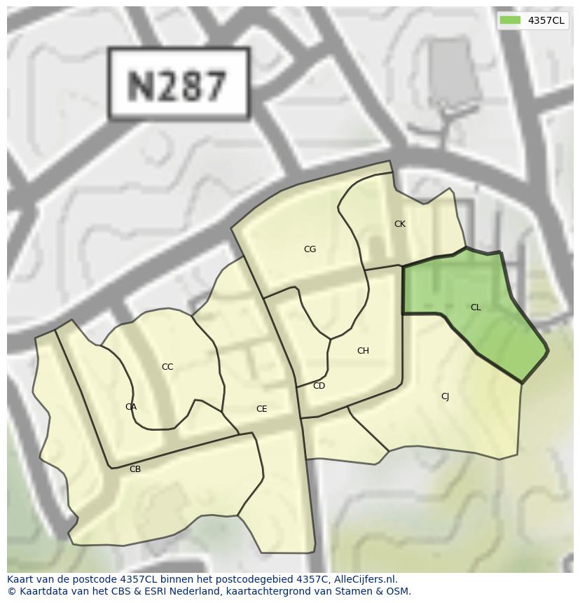 Afbeelding van het postcodegebied 4357 CL op de kaart.