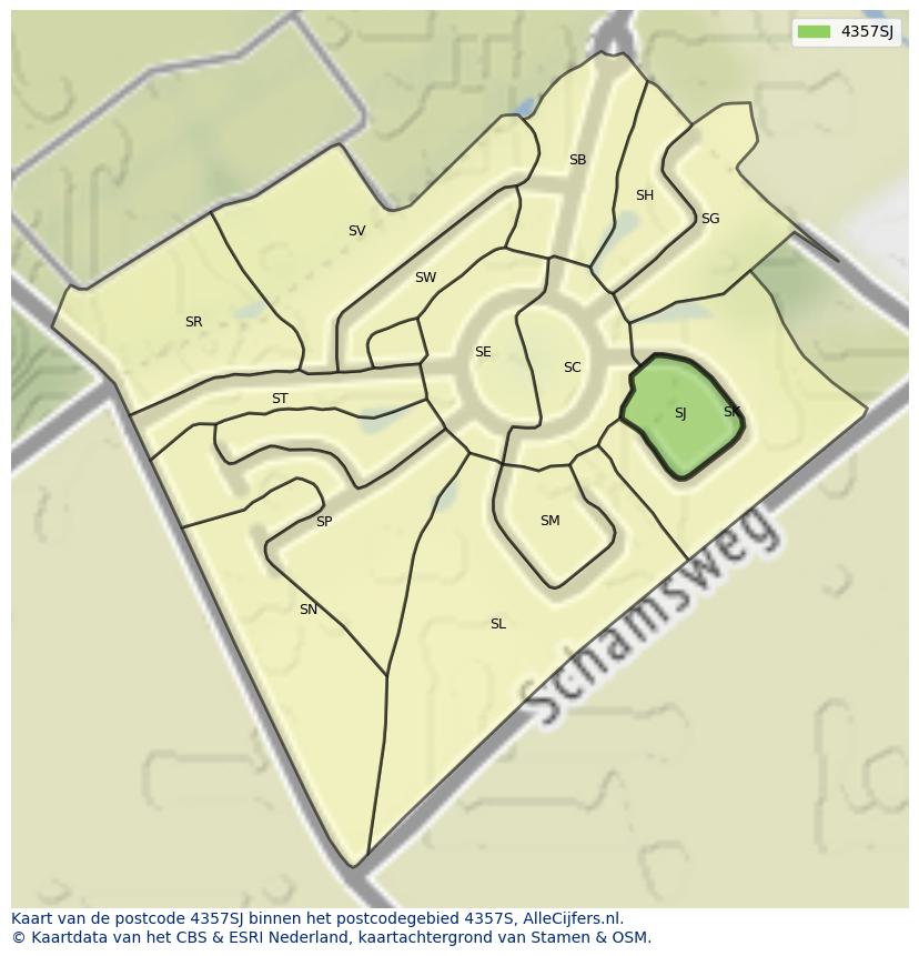 Afbeelding van het postcodegebied 4357 SJ op de kaart.