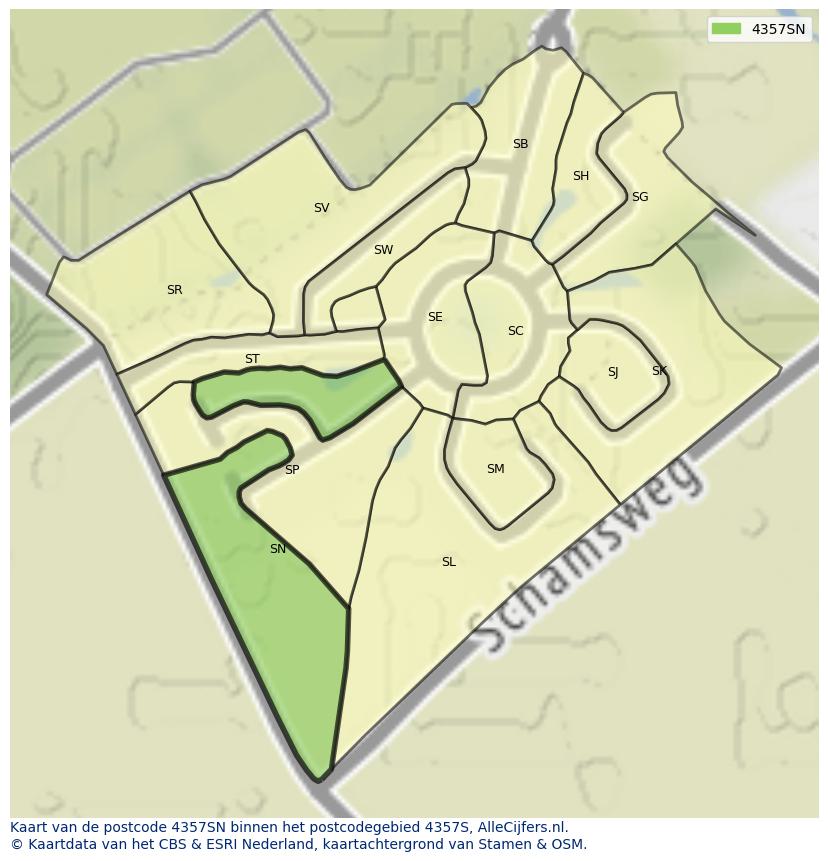 Afbeelding van het postcodegebied 4357 SN op de kaart.