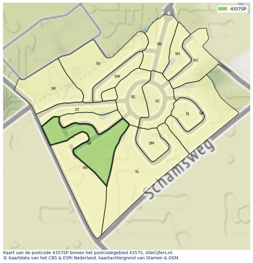 Afbeelding van het postcodegebied 4357 SP op de kaart.
