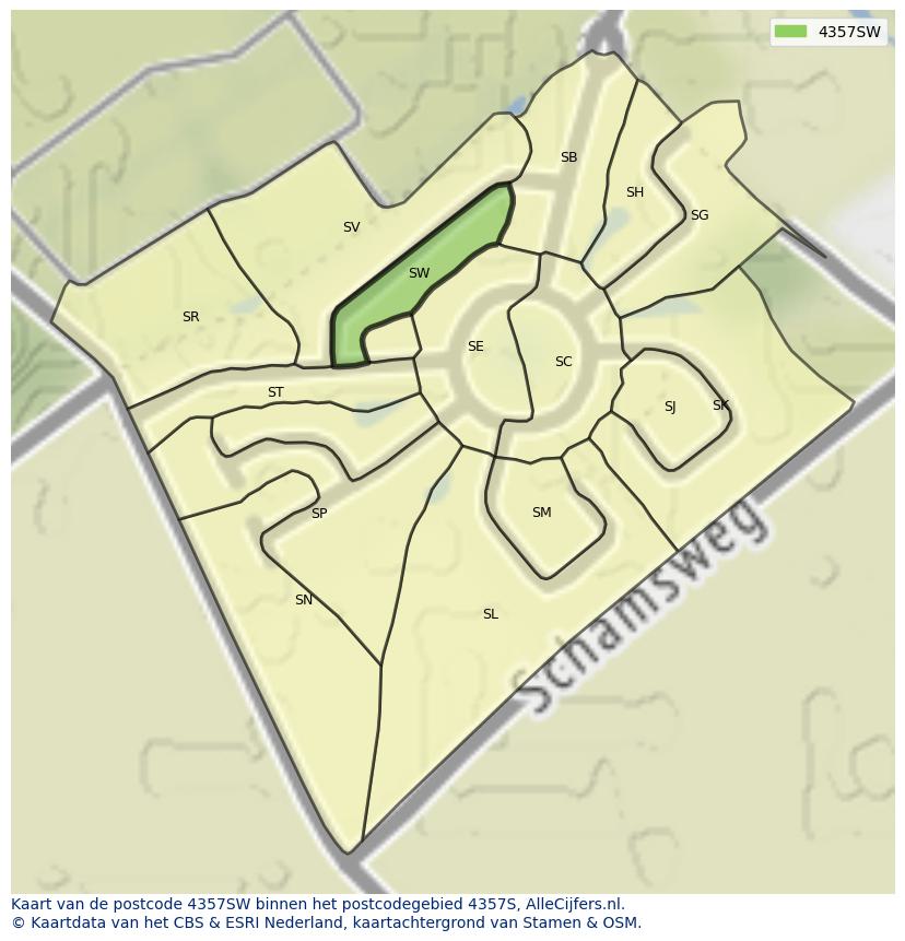 Afbeelding van het postcodegebied 4357 SW op de kaart.