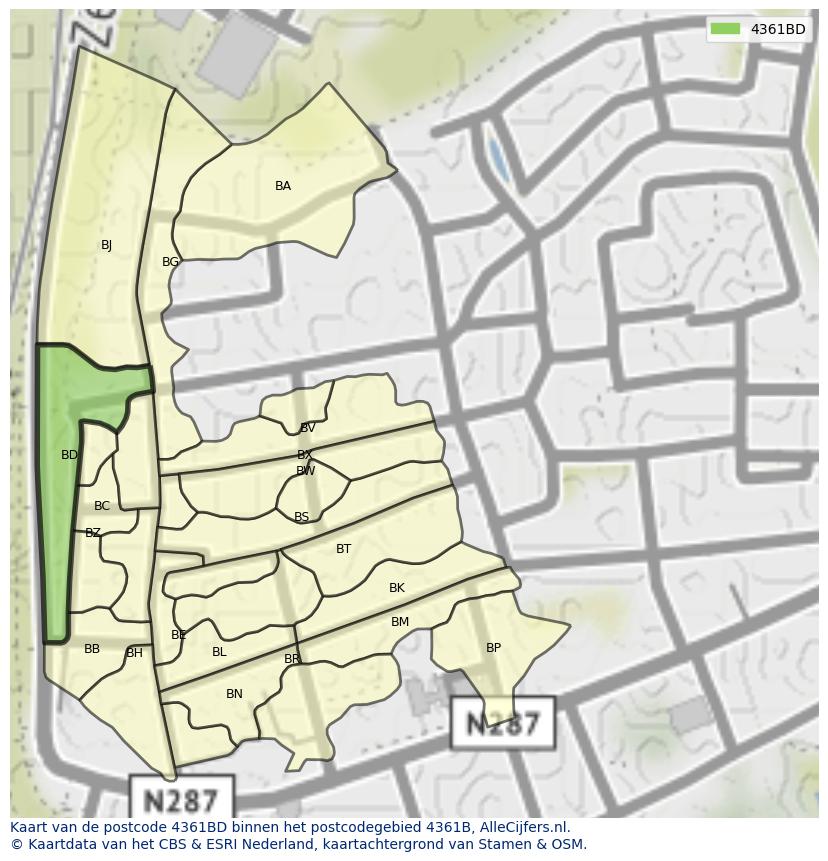 Afbeelding van het postcodegebied 4361 BD op de kaart.