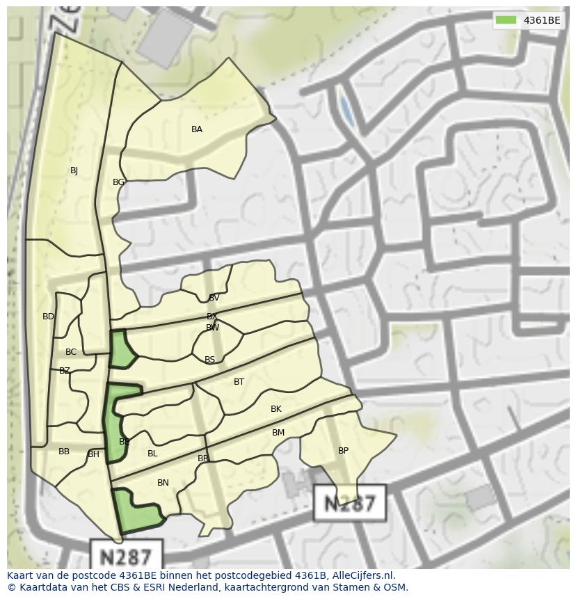 Afbeelding van het postcodegebied 4361 BE op de kaart.