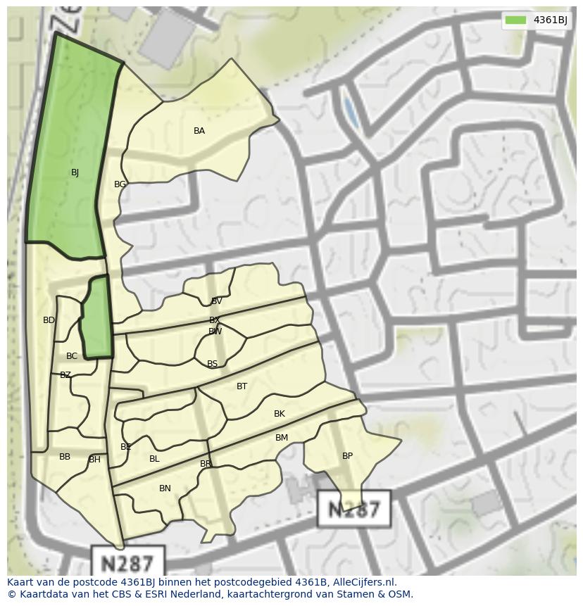 Afbeelding van het postcodegebied 4361 BJ op de kaart.