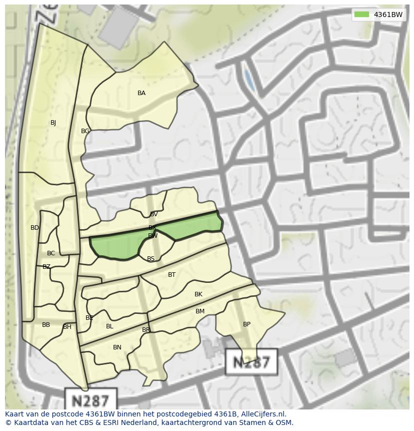 Afbeelding van het postcodegebied 4361 BW op de kaart.