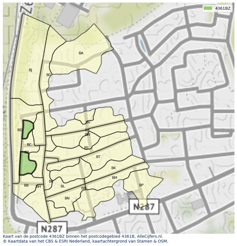 Afbeelding van het postcodegebied 4361 BZ op de kaart.