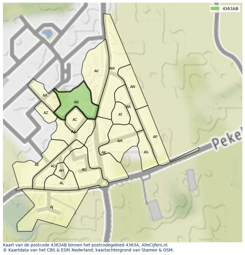 Afbeelding van het postcodegebied 4363 AB op de kaart.
