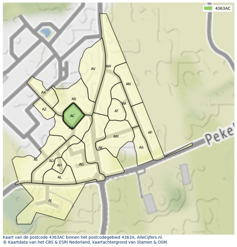 Afbeelding van het postcodegebied 4363 AC op de kaart.