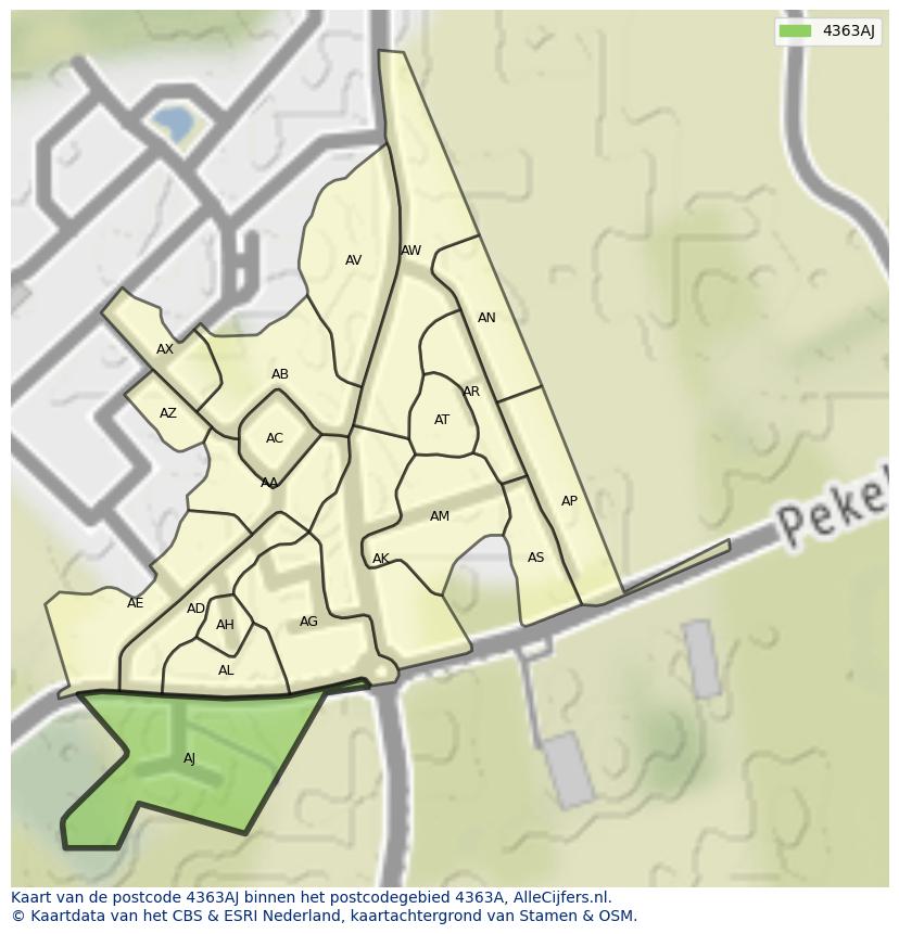 Afbeelding van het postcodegebied 4363 AJ op de kaart.