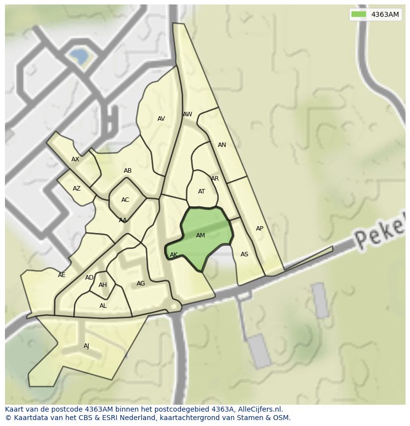 Afbeelding van het postcodegebied 4363 AM op de kaart.
