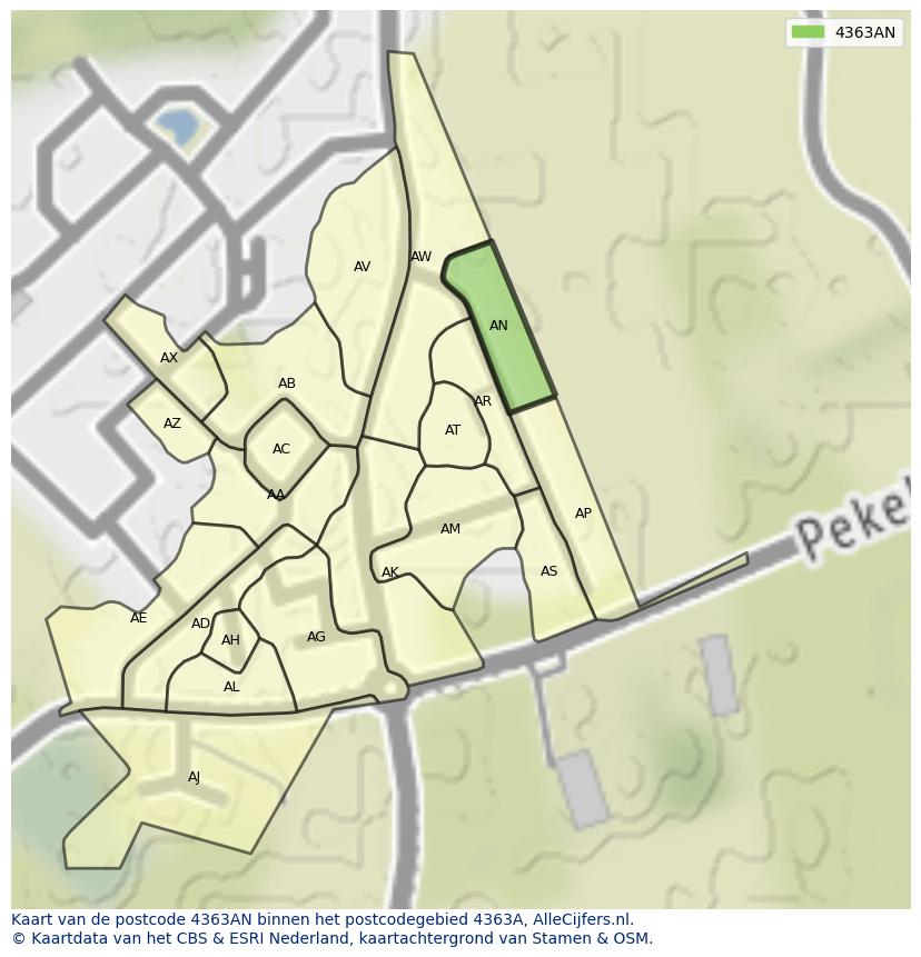 Afbeelding van het postcodegebied 4363 AN op de kaart.