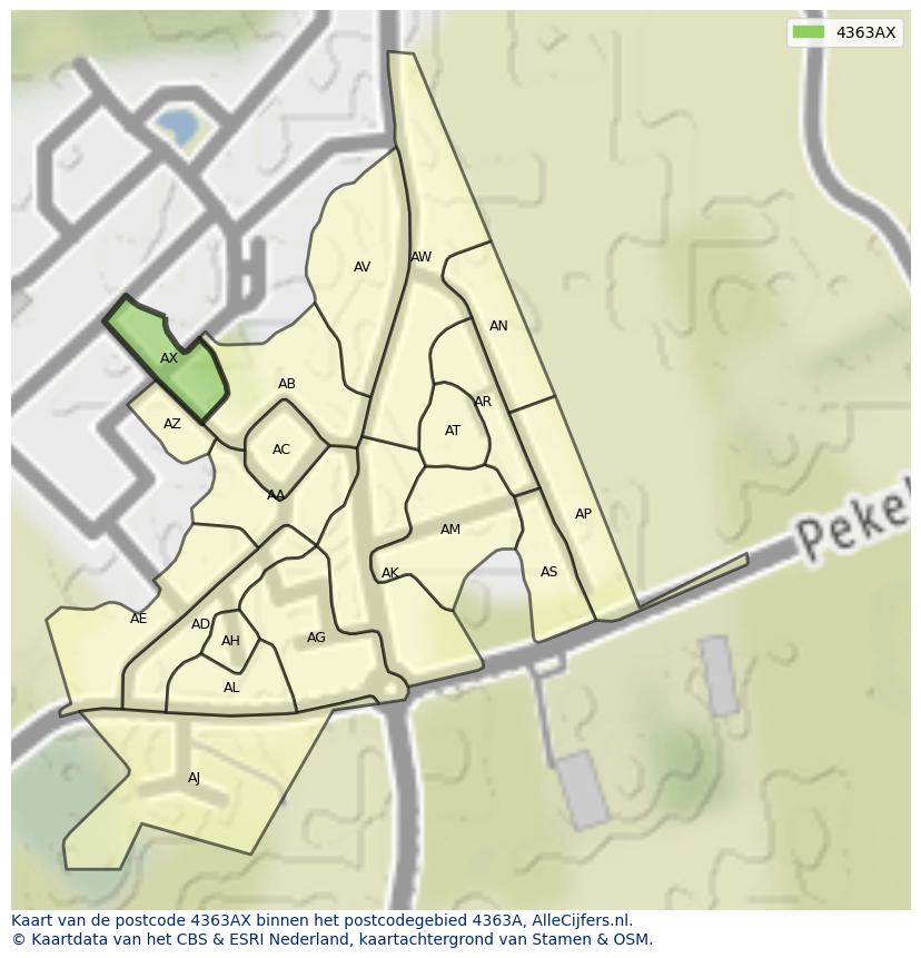 Afbeelding van het postcodegebied 4363 AX op de kaart.
