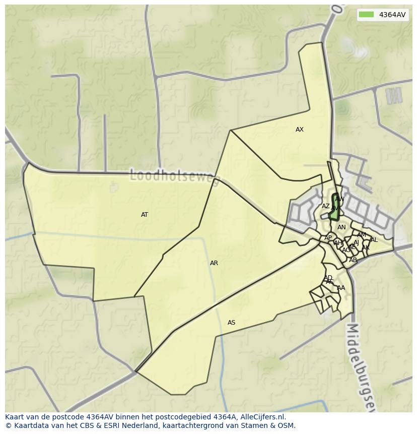 Afbeelding van het postcodegebied 4364 AV op de kaart.