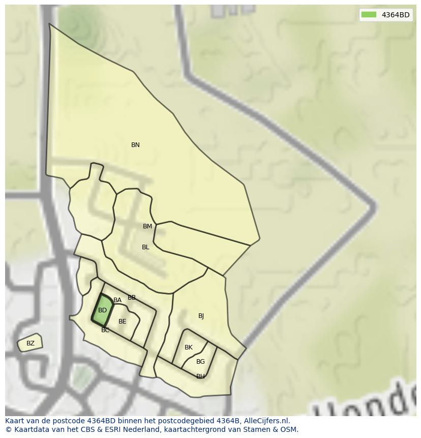 Afbeelding van het postcodegebied 4364 BD op de kaart.
