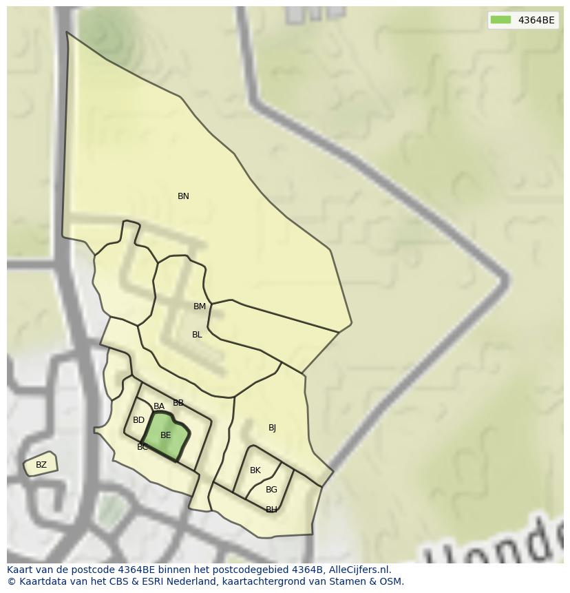 Afbeelding van het postcodegebied 4364 BE op de kaart.