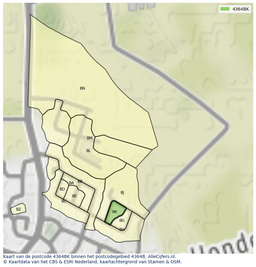 Afbeelding van het postcodegebied 4364 BK op de kaart.