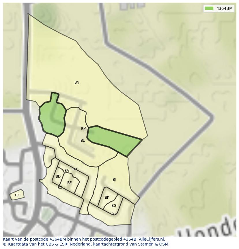 Afbeelding van het postcodegebied 4364 BM op de kaart.