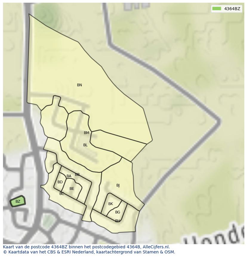 Afbeelding van het postcodegebied 4364 BZ op de kaart.