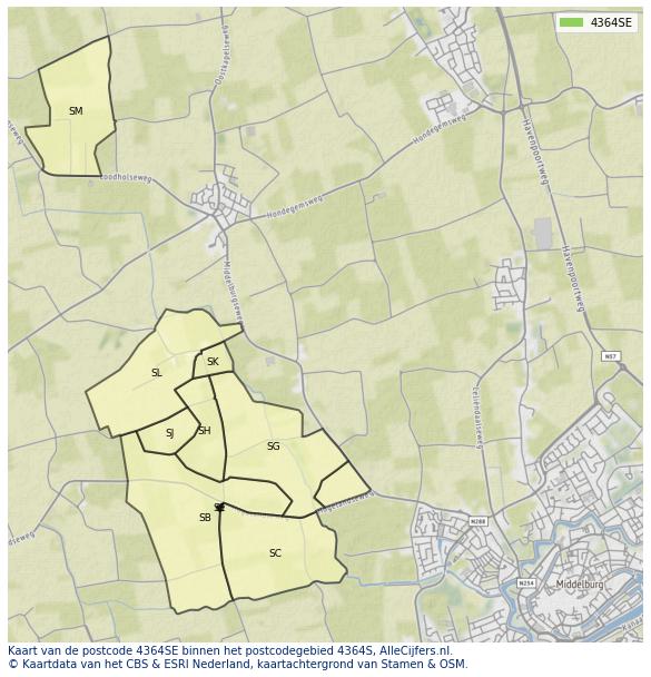 Afbeelding van het postcodegebied 4364 SE op de kaart.