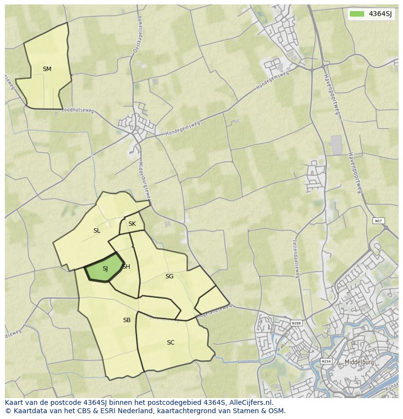 Afbeelding van het postcodegebied 4364 SJ op de kaart.