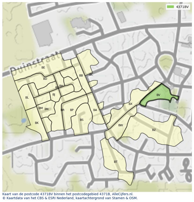 Afbeelding van het postcodegebied 4371 BV op de kaart.