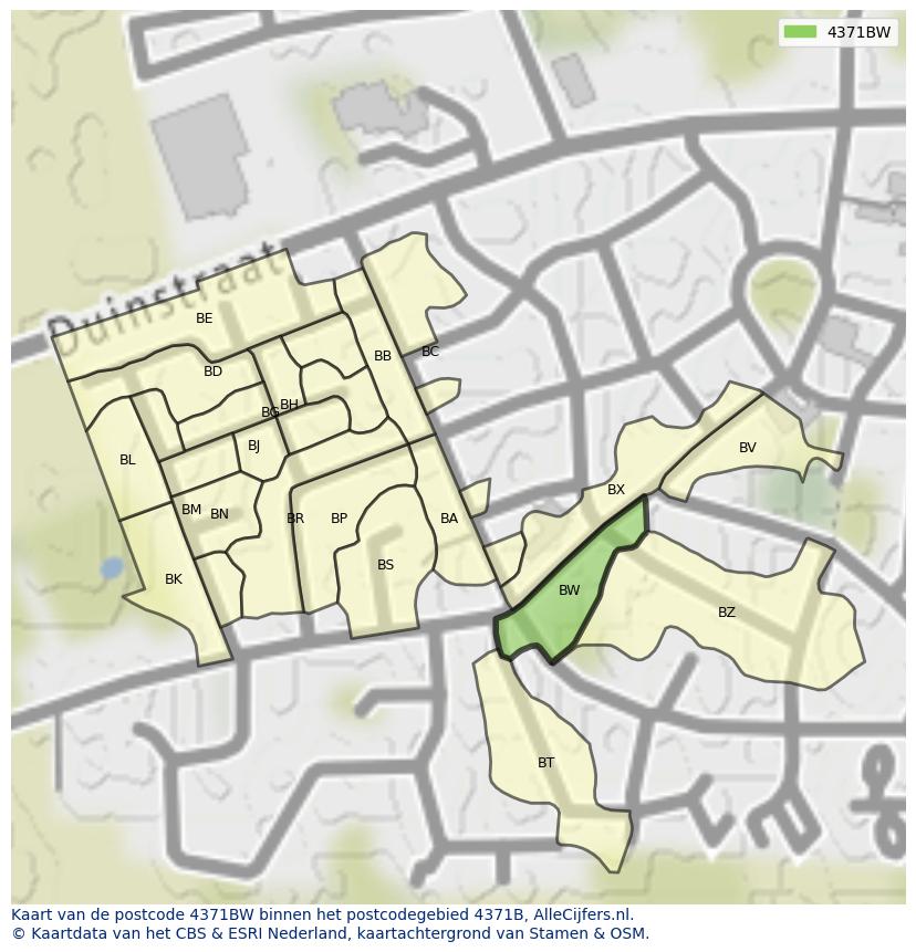 Afbeelding van het postcodegebied 4371 BW op de kaart.