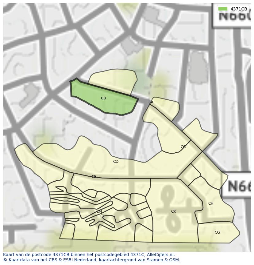 Afbeelding van het postcodegebied 4371 CB op de kaart.
