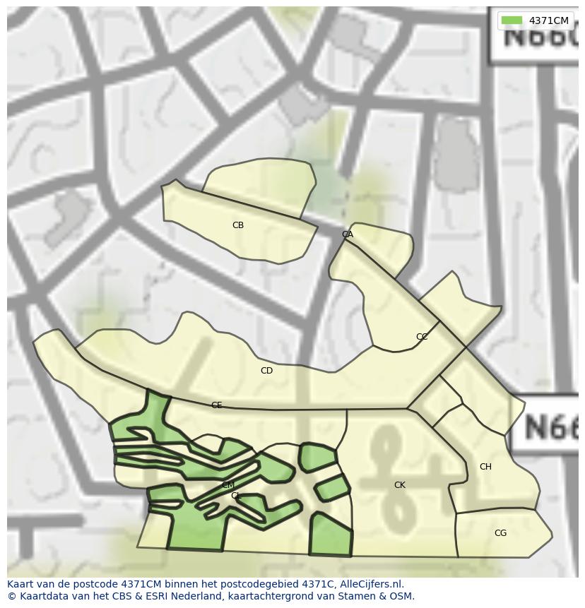 Afbeelding van het postcodegebied 4371 CM op de kaart.