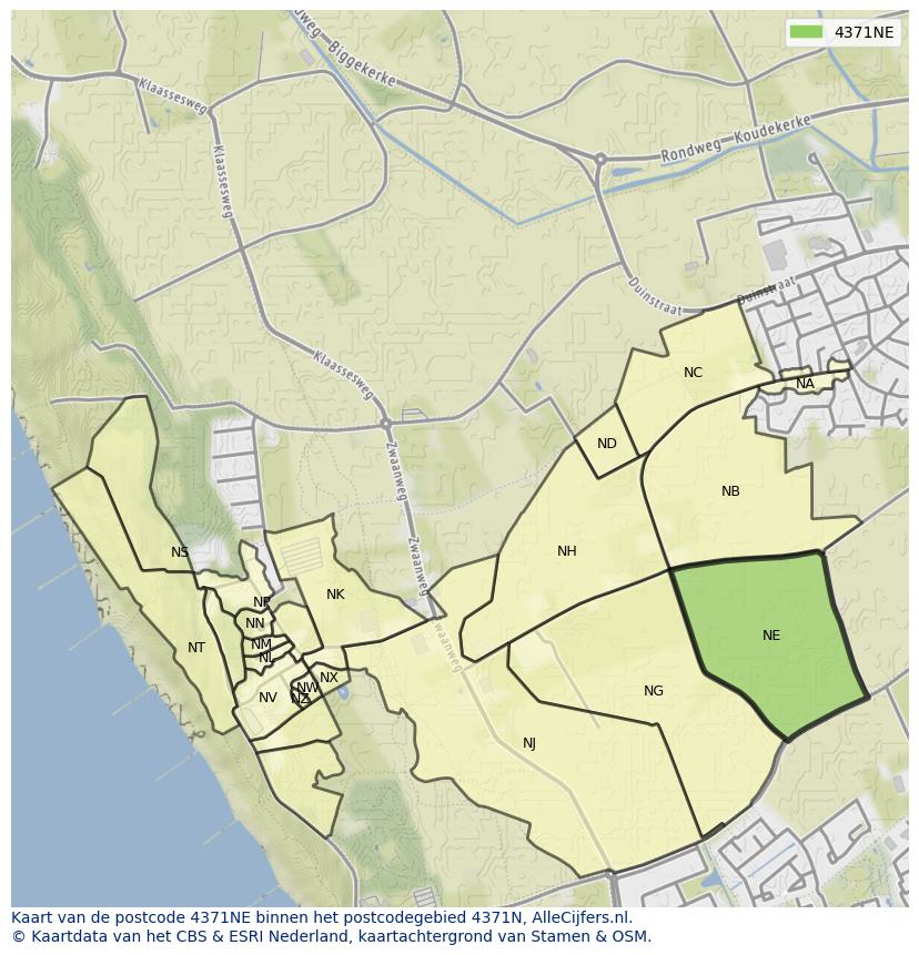 Afbeelding van het postcodegebied 4371 NE op de kaart.