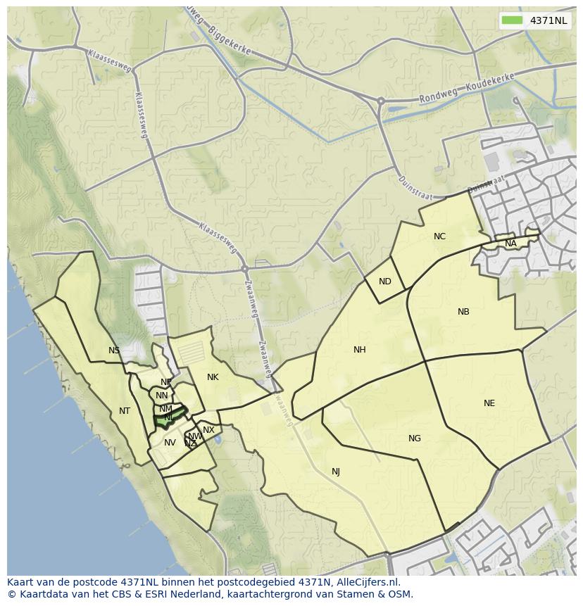 Afbeelding van het postcodegebied 4371 NL op de kaart.