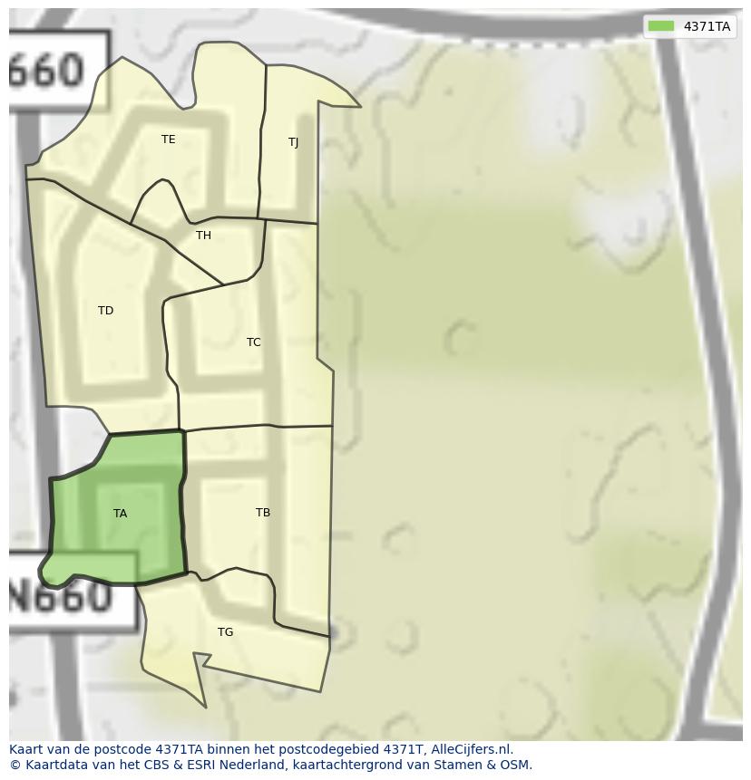 Afbeelding van het postcodegebied 4371 TA op de kaart.