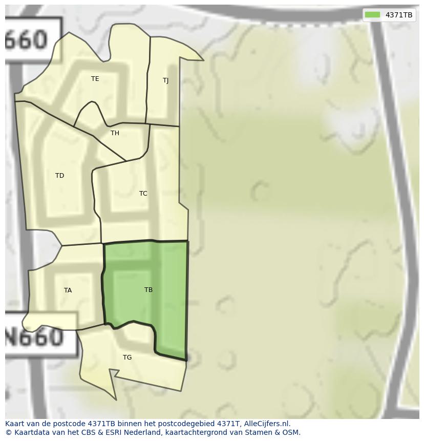 Afbeelding van het postcodegebied 4371 TB op de kaart.