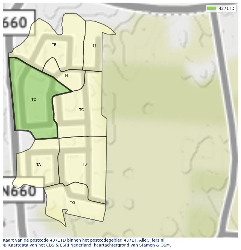 Afbeelding van het postcodegebied 4371 TD op de kaart.