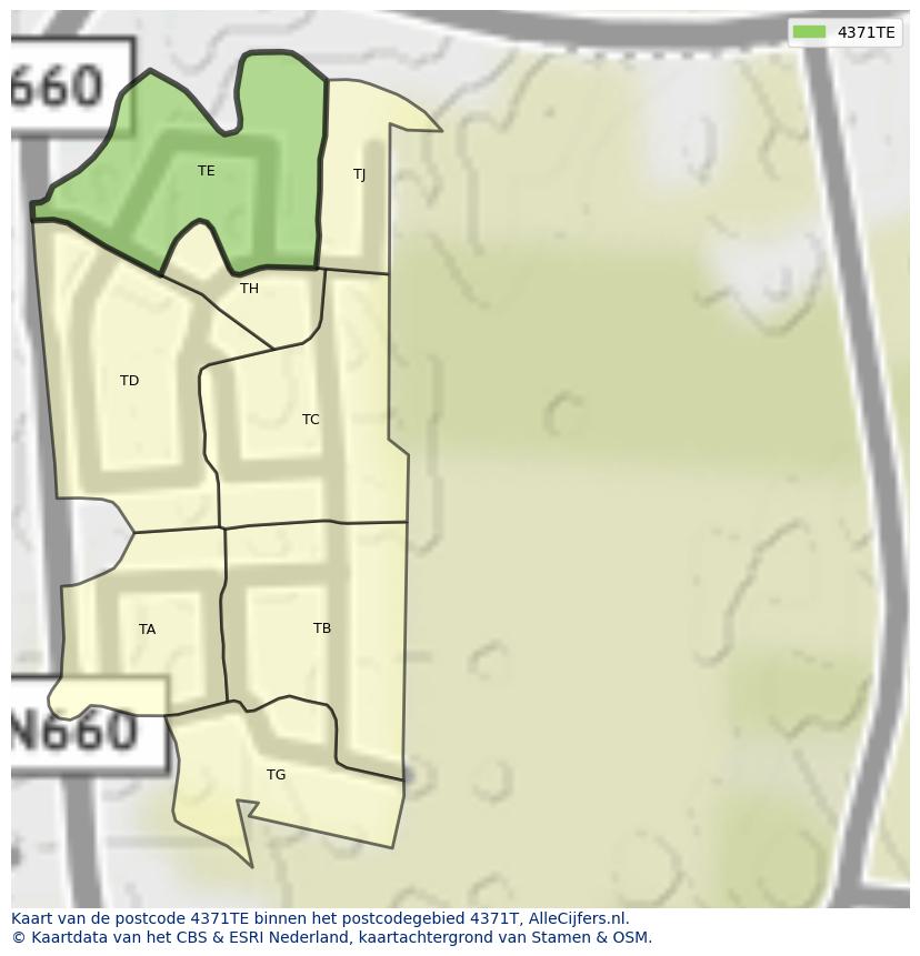 Afbeelding van het postcodegebied 4371 TE op de kaart.