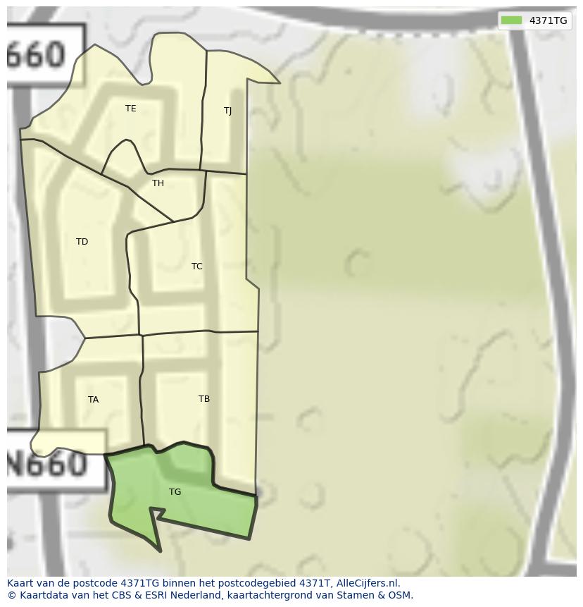 Afbeelding van het postcodegebied 4371 TG op de kaart.