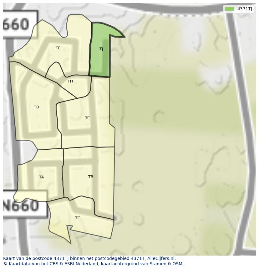 Afbeelding van het postcodegebied 4371 TJ op de kaart.