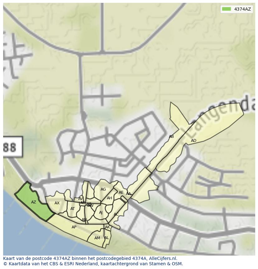 Afbeelding van het postcodegebied 4374 AZ op de kaart.