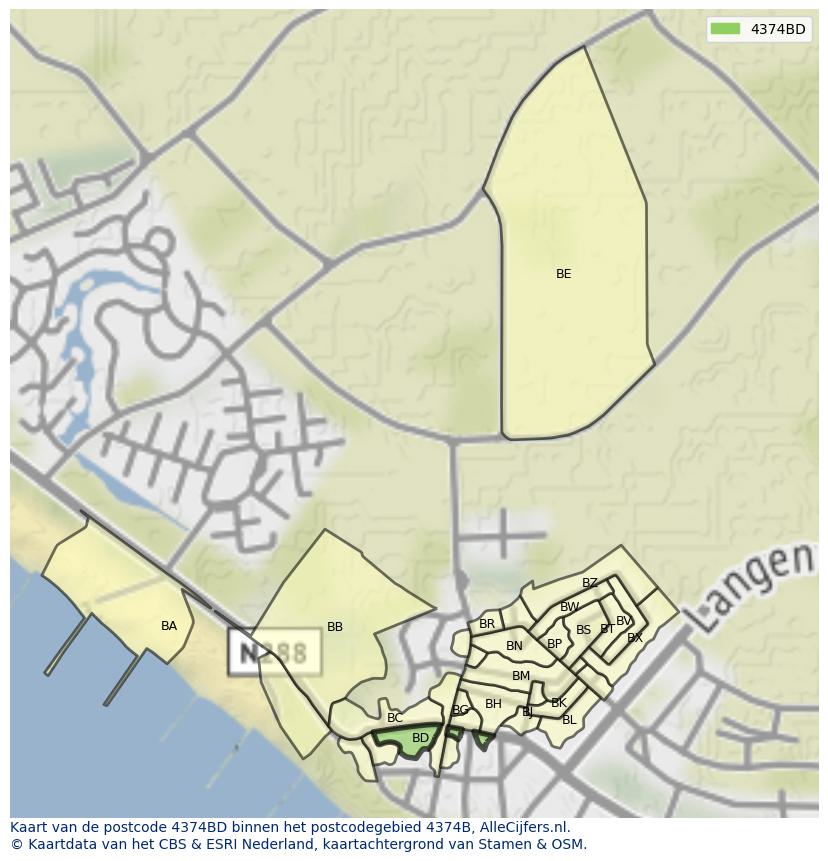 Afbeelding van het postcodegebied 4374 BD op de kaart.