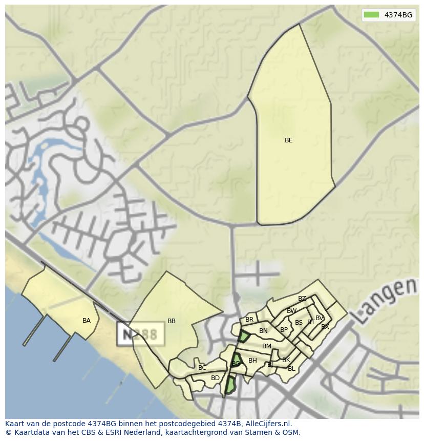 Afbeelding van het postcodegebied 4374 BG op de kaart.